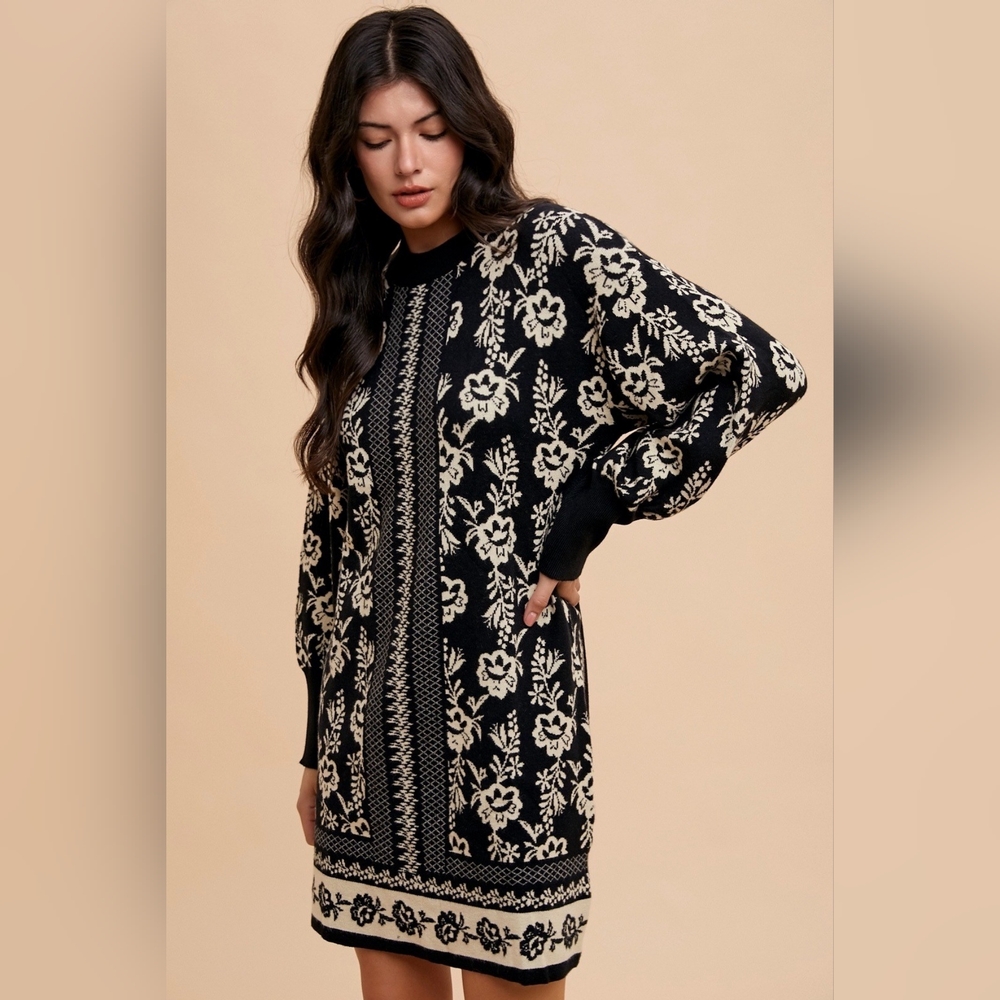 Annie Wear Floral Jacquard Round Neck Sweater Dress - Picture 4 of 7